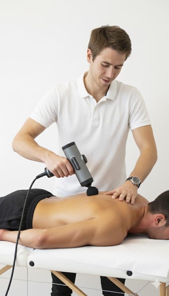Chris working on a client lying on a portable massage table