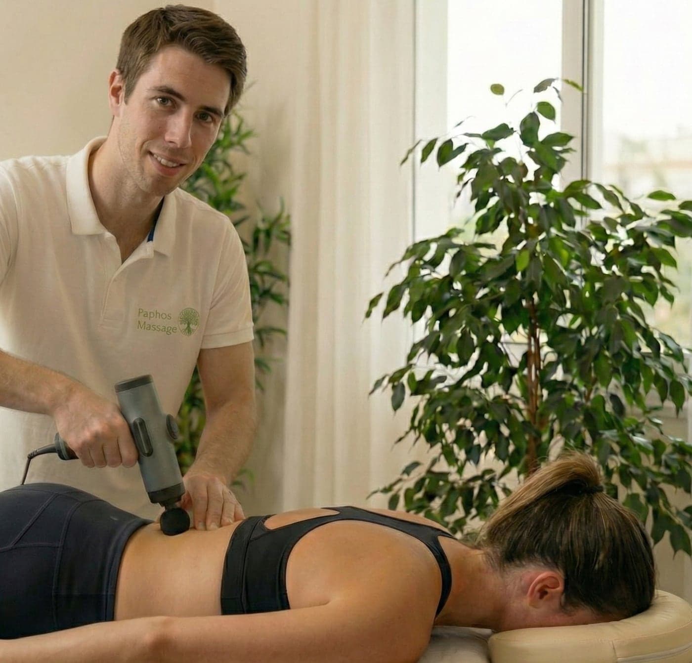 Chris treating a client’s lower back with a percussive massage device in a bright treatment room